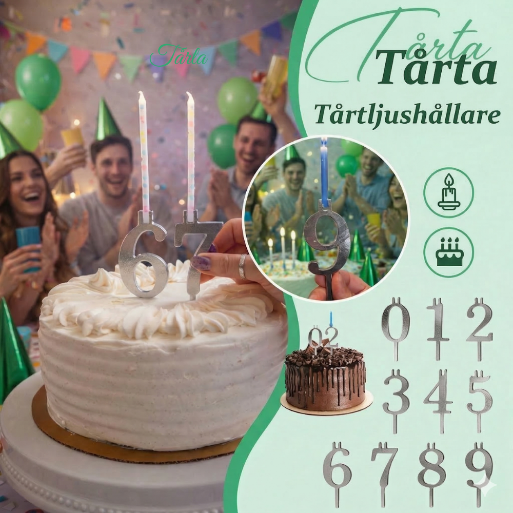 PartyDigits™ – Återanvändbart Silver Siffer Ljushållare Tårtdekorationsset