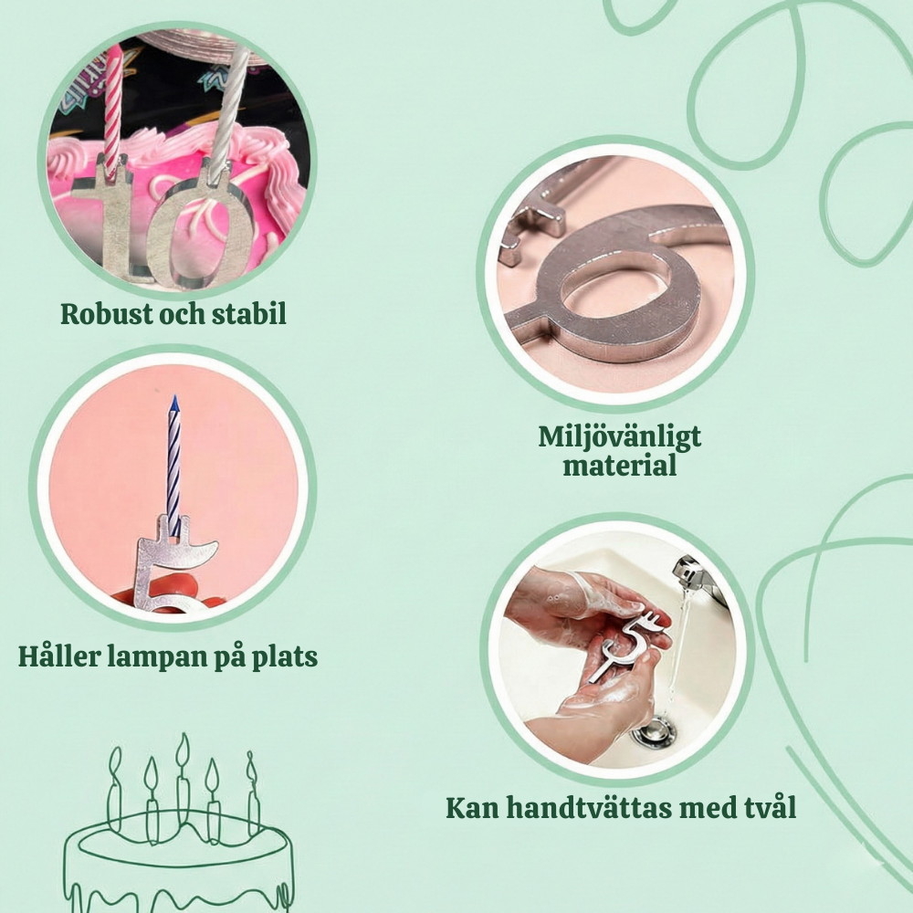 PartyDigits™ – Återanvändbart Silver Siffer Ljushållare Tårtdekorationsset