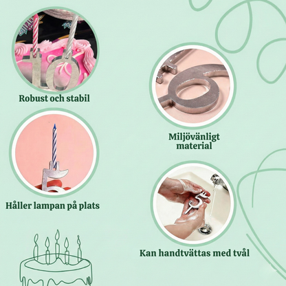 PartyDigits™ – Återanvändbart Silver Siffer Ljushållare Tårtdekorationsset